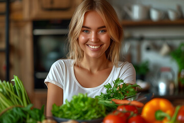 A woman is smiling and posing in front of a table full of vegetables