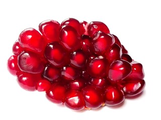 Pomegranate garnet seeds fruit cut. Pomegranate seeds isolated on white. Fresh raw organic garnet fruit cut seeds on white background. Pile set ruby pomegranate (garnet fruit) isolate. Grenade fruit