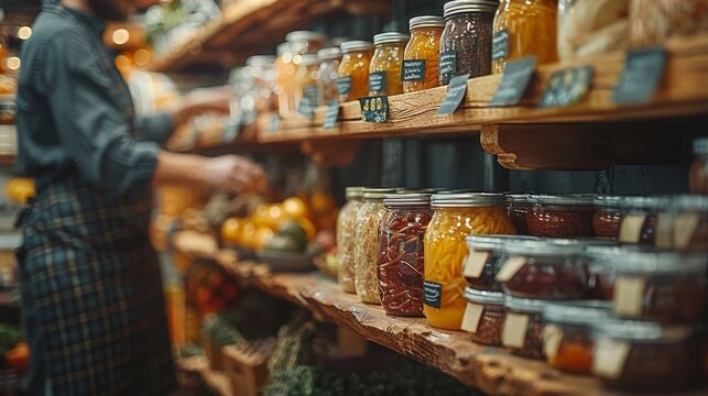 Concept of Home Canning: Shelves with Preserved Jars of Fruits and Vegetables for Self-Sufficiency