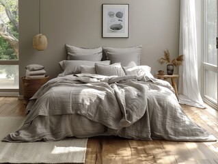 A cozy and stylish bedroom with a grey linen duvet cover and a natural wooden floor. The room is decorated with a light grey wall and a framed print.