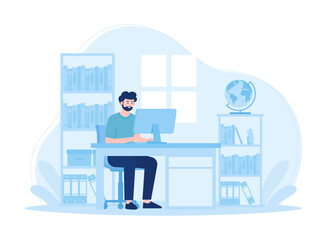 Sitting man studying online using a computer concept flat illustration