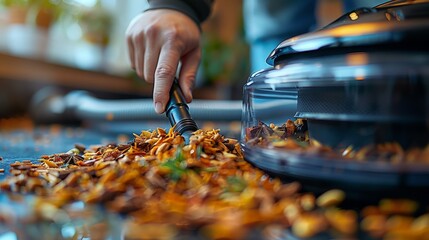 A hand cleans up fallen leaves from a hardwood floor with a dustpan and brush.