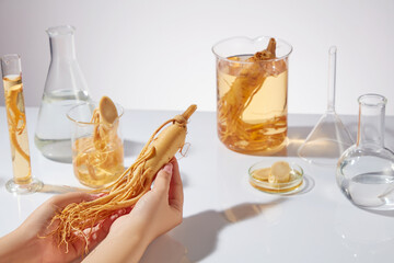 A beautiful female is holding a ginseng root on hand palm with lab utensils filled by ginseng...