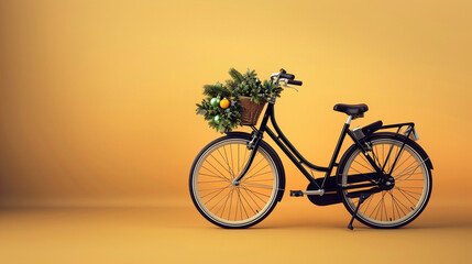 A festive black bicycle with a front basket of holiday greens, vividly set against a festive deep light yellow background.