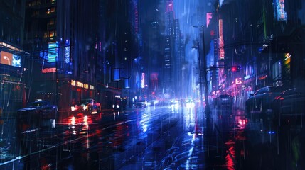 Naklejka premium Cyberpunk streets illustration, futuristic city, dystoptic artwork at night, 4k wallpaper. Rain foggy, moody empty future