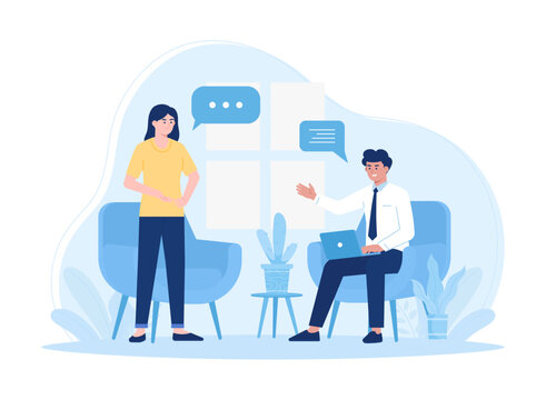 Two people are discussing concept flat illustration