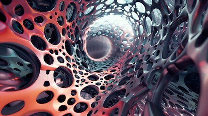 Abstract 3D rendering of a tunnel made of coral-like organic material.