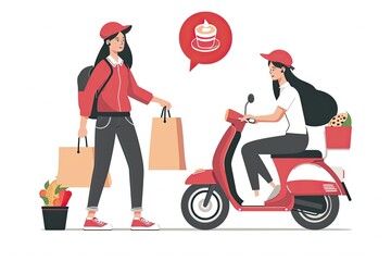 A prompt food delivery service person in a red uniform delivering fresh food to the recipient. A young woman customer receiving her order from the courier, illustrating express delivery and online sho