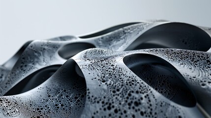 Black and white abstract 3D rendering of a curved surface with a lot of small holes and a glossy texture.