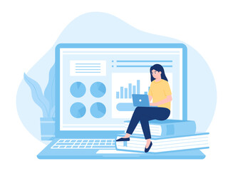 A female student sits on a book studying using a laptop concept flat illustration
