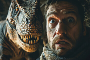 A man with a scared face looking straight ahead, and a dinosaur is next door, meme, humorous, funny.