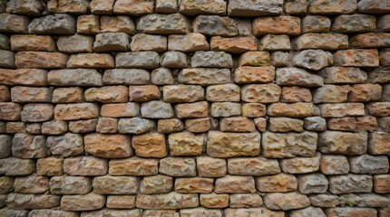 Obraz premium Ancient stone wall of an 18th century castle or fortress with weathered and cracked bricks in close up view.