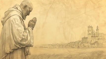 Fototapeta premium Biblical Illustration of St. Wilfrid in Prayer at 7th-Century English Monastery, Beige Background, Copyspace