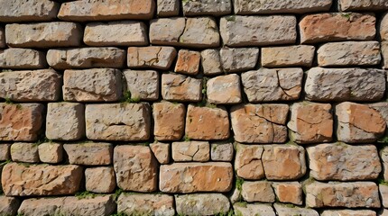 Ancient stone wall of an 18th century castle or fortress with weathered and cracked bricks in close up view.