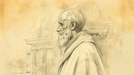 Biblical Illustration of St. Polycarp of Smyrna in Martyrdom in 2nd-Century Church, Beige Background, Copyspace