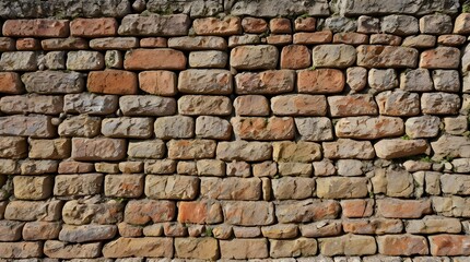 Ancient stone wall of an 18th century castle or fortress with weathered and cracked bricks in close up view.