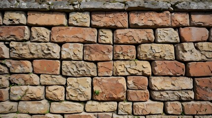 Ancient stone wall of an 18th century castle or fortress with weathered and cracked bricks in close up view.