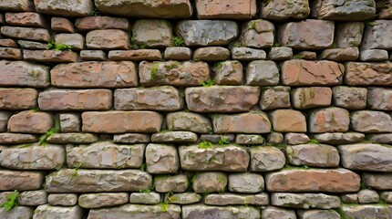 Ancient stone wall of an 18th century castle or fortress with weathered and cracked bricks in close up view.