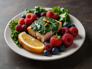 A plate filled with kidney-friendly foods, such as leafy greens, berries, fish, and nuts, highlighting the role of nutrition in maintaining kidney health. with Generative AI Technology