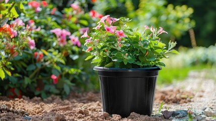 Plastic flower pot painted in black placed in the garden