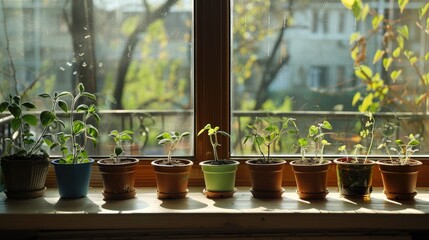 Seedlings in different pots on the windowsill