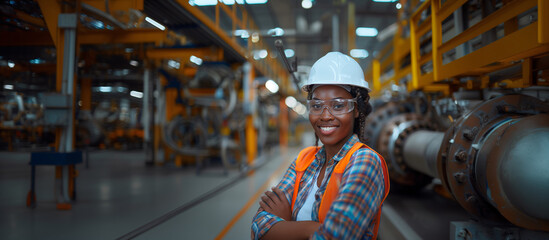 African American Safety and Occupational Health Specialist woman smiling confidently, industrial setting, risk mitigation concept and PPE, copy space.