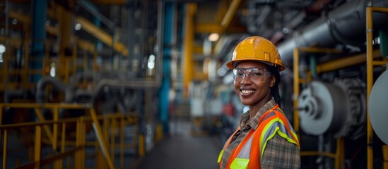 African American Safety and Occupational Health Specialist woman smiling confidently, industrial setting, risk mitigation concept and PPE, copy space.