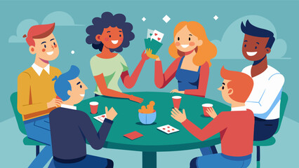 On a quiet culdesac a group of friends huddle around a deck of cards exchanging jokes and teasing as they play a round of poker.. Vector illustration
