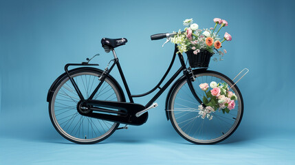 A French-style black bicycle with a chic arrangement of flowers in the front basket, displayed against a fashionable midnight deep light blue backdrop.