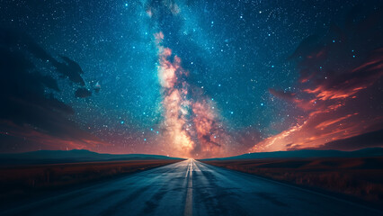 An asphalt road meets the Milky Way