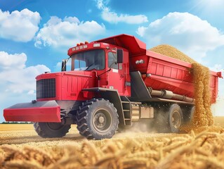 Combine harvester unloading grain into a truck, realistic details