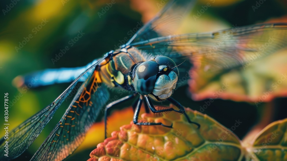 Poster close up of a dragonfly resting on leaves dragonfly in profile dragonfly up close dragonfly captured