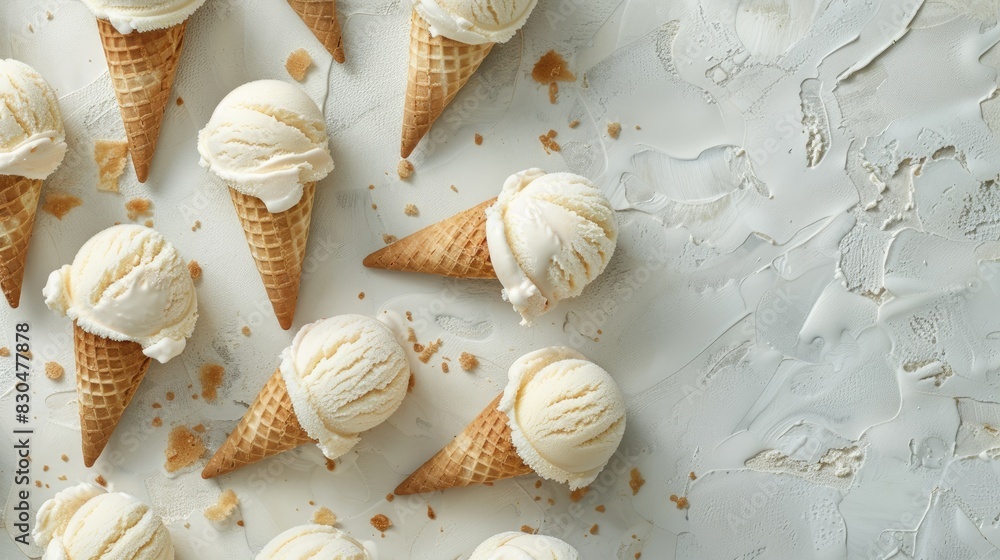 Aufkleber ice cream scoops in waffle cones displayed on a light textured table from above