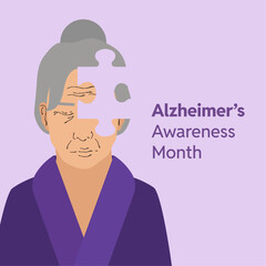 alzheimers disease awareness month june purple puzzled head elders illustration