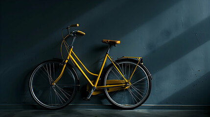 High-contrast image of a yellow vintage bicycle against a dark wall, with light creating reflections and shadows that enhance the bicycle's classic lines.