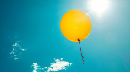 Artistic shot of a yellow balloon against a blue sky, with light and shadow emphasizing the balloon's bright color and the dramatic background.