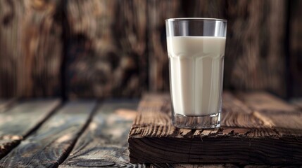 Fresh milk served in a glass on a wooden surface