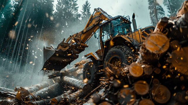 Forestry grapple loader lifting logs, capturing the dynamic action