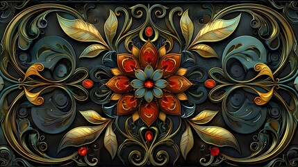 A gold and blue floral design with red flowers
