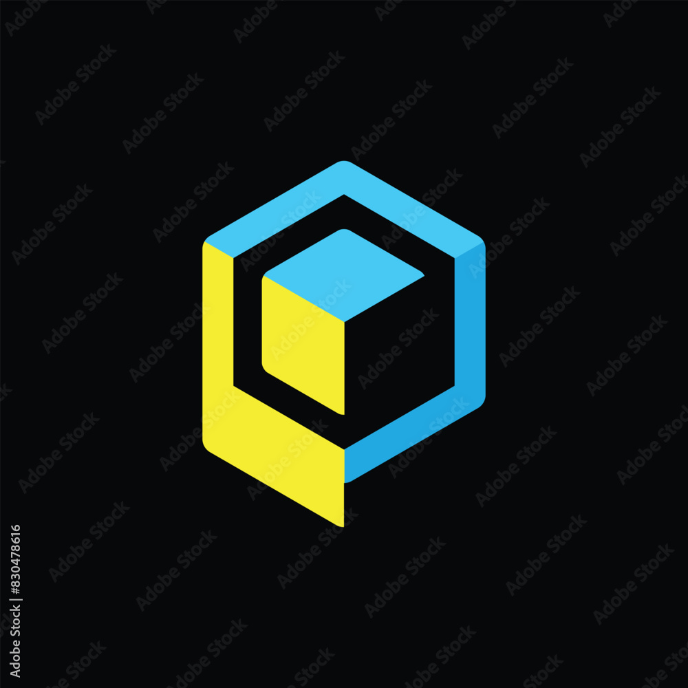 Poster this image is a letter logo of initial p in hexagonal cube shape in yellow and blue color on a black