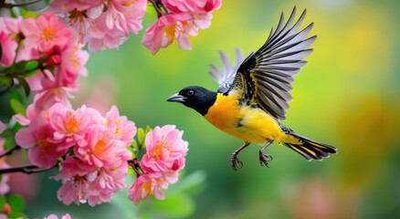 A yellow and black sunbird is flying in the air, with its wings spread open to keep it warm as if it's about to land on some pink flowers