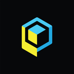 This image is a letter logo of initial P in hexagonal cube shape in yellow and blue color on a black background