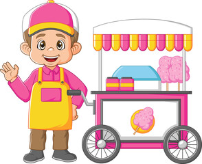 Young caucasian seller standing with cotton candy cart