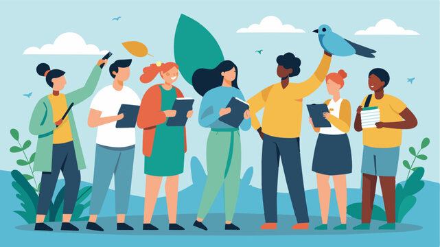 A group of diverse neighbors joining together to participate in a bird counting and tracking exercise contributing valuable data to bird conservation efforts.. Vector illustration
