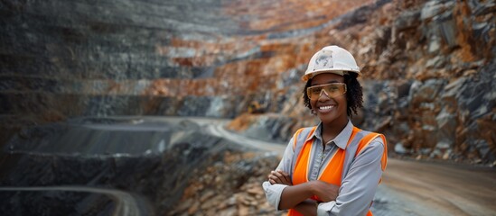 African American Safety and Occupational Health Specialist woman smiling confidently, open-pit mine setting, risk mitigation concept and PPE, copy space