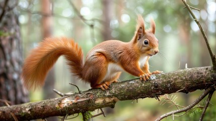 Fototapeta premium Red squirrel perched on a tree limb in the forest