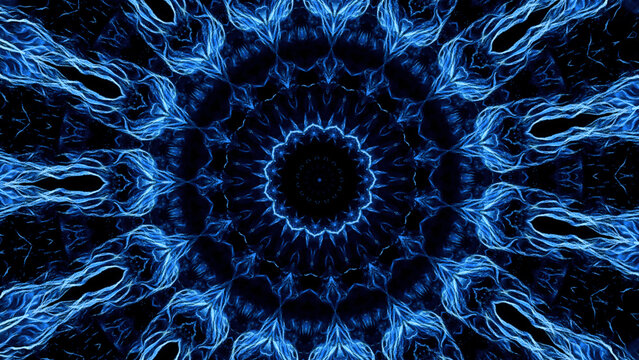Abstract fractal flower spreading like electrical energy. Animation. Mandala ornament in a shape of a flower.