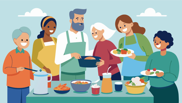 As part of a weekly potluck tradition residents bring their own signature dishes to the shared community kitchen creating a smorgasbord of delectable treats.. Vector illustration