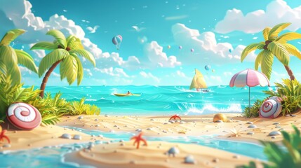 Bright sand meets sparkling blue waves, and playful beach accessories like umbrellas and surfboards set the stage for a day of carefree adventures