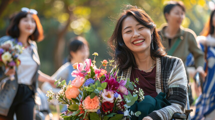A smiling Asian woman in a wheelchair, holding a bouquet of flowers, surrounded by a diverse group of friends celebrating in a park - Powered by Adobe